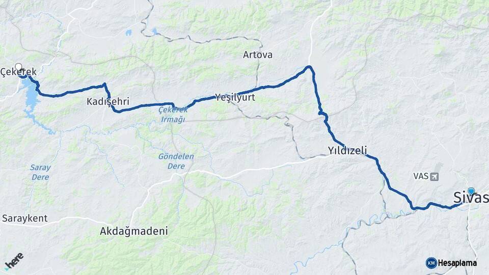 Sivas Çekerek Yozgat Arası Kaç Km - Yol Haritası