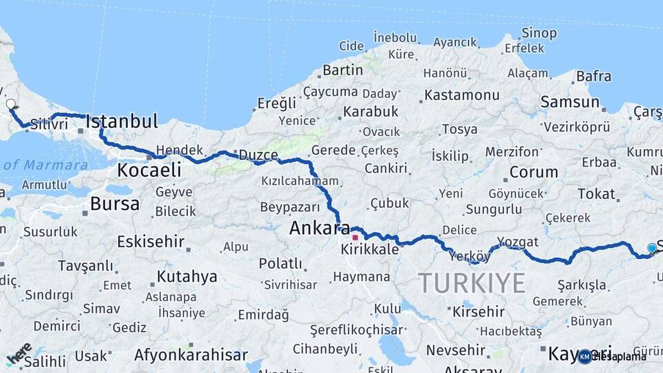 Sivas Çerkezköy Tekirdağ Arası Kaç Km - Yol Haritası