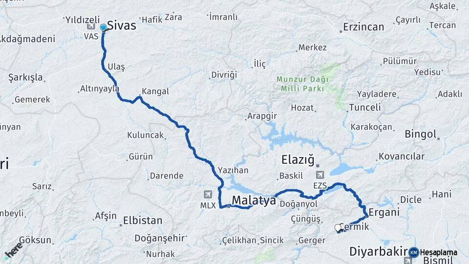 Sivas Çermik Diyarbakır Arası Kaç Km - Yol Haritası