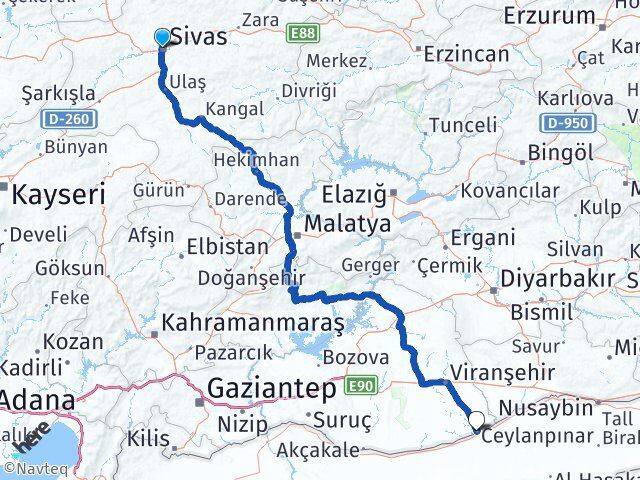 Sivas Ceylanpınar Şanlıurfa Arası Kaç Km - Yol Haritası