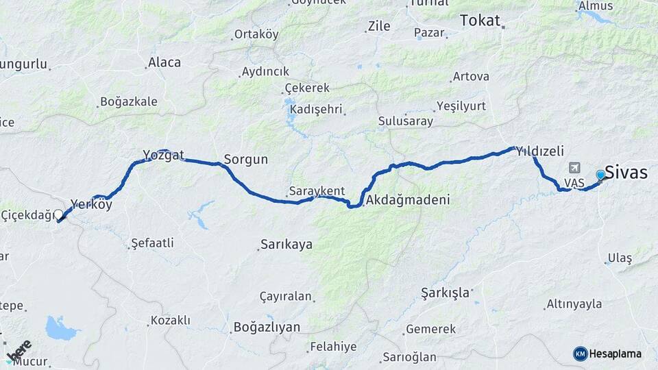 Sivas Çiçekdağı Kırşehir Arası Kaç Km - Yol Haritası