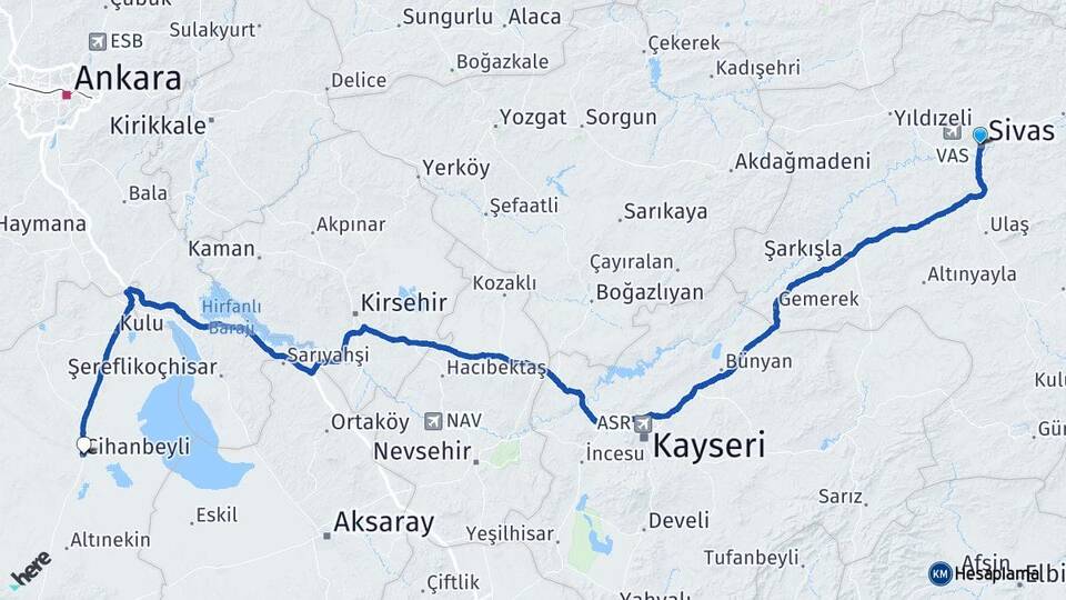 Sivas Cihanbeyli Konya Arası Kaç Km - Yol Haritası