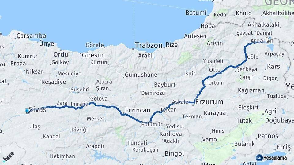Sivas Çıldır Ardahan Arası Kaç Km - Yol Haritası