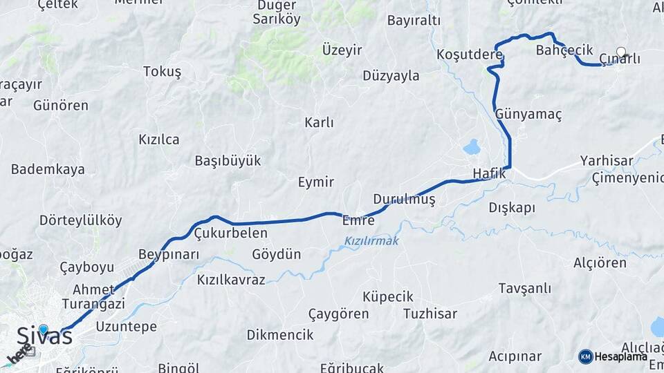 Sivas Çınarlı Hafik Arası Kaç Km - Yol Haritası