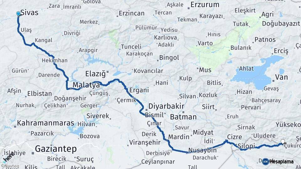 Sivas Çukurca Hakkari Arası Kaç Km - Yol Haritası