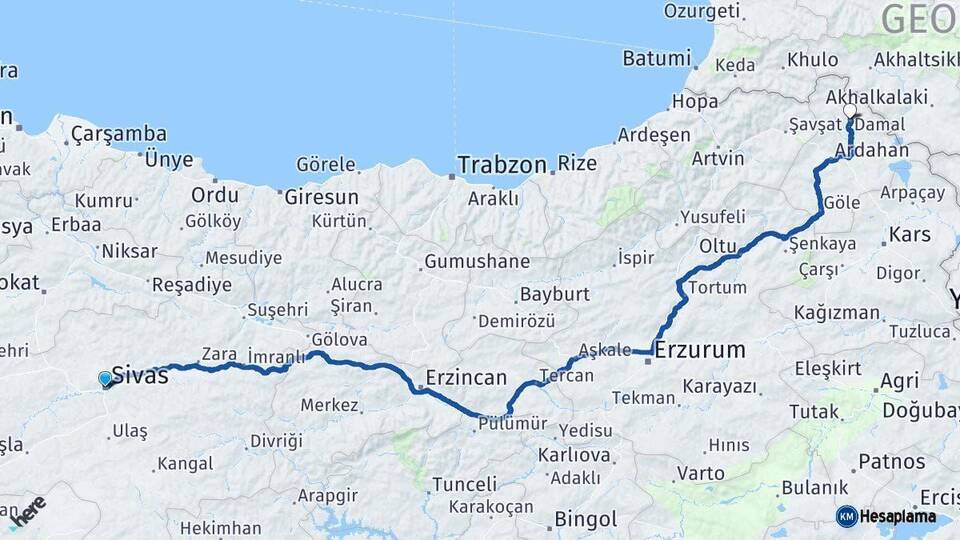 Sivas Damal Ardahan Arası Kaç Km - Yol Haritası
