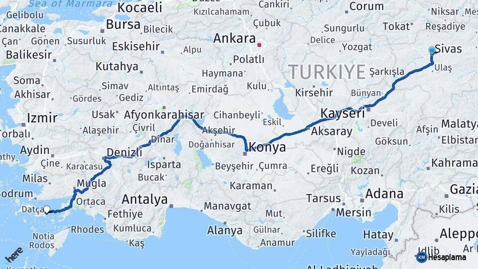 Sivas Datça Muğla Arası Kaç Km - Yol Haritası