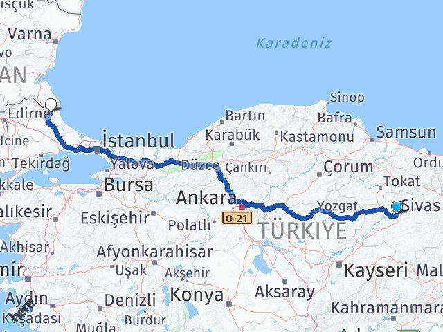 Sivas Demirköy Kırklareli Arası Kaç Km - Yol Haritası