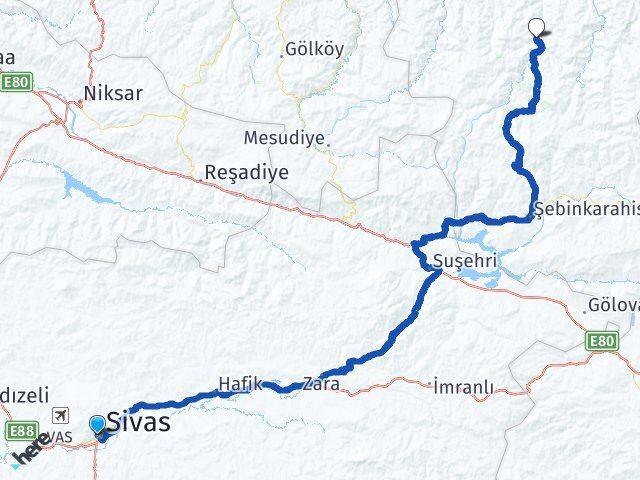 Sivas Dereli Giresun Arası Kaç Km - Yol Haritası