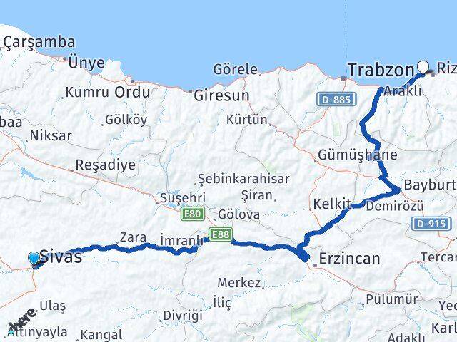 Sivas Derepazarı Rize Arası Kaç Km - Yol Haritası