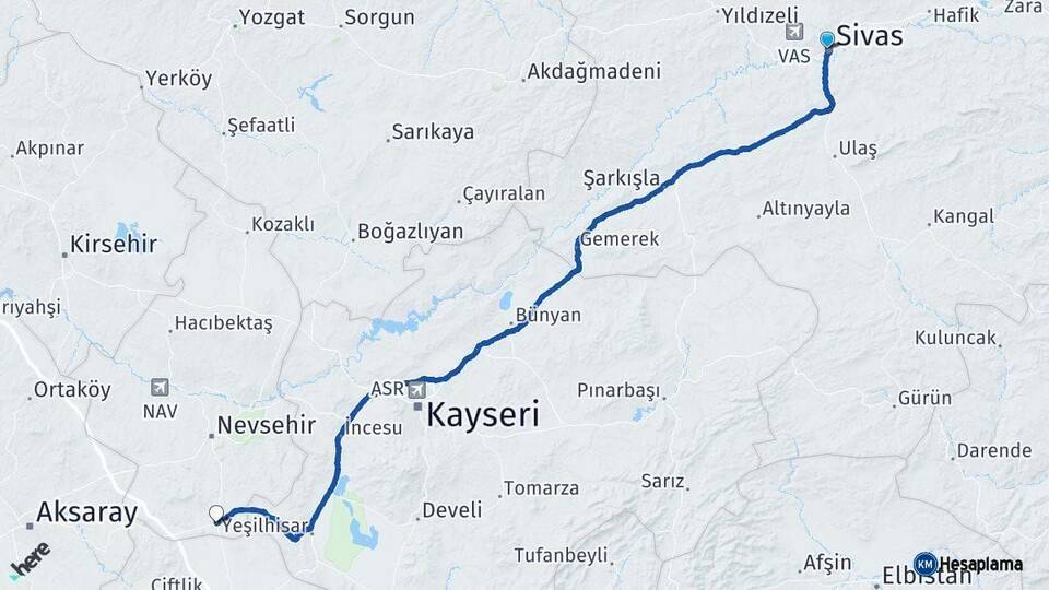 Sivas Derinkuyu Nevşehir Arası Kaç Km - Yol Haritası