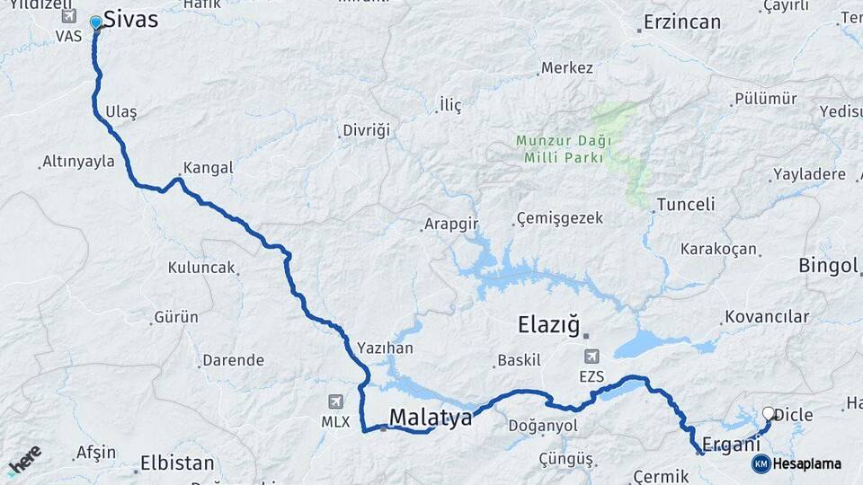 Sivas Dicle Diyarbakır Arası Kaç Km - Yol Haritası