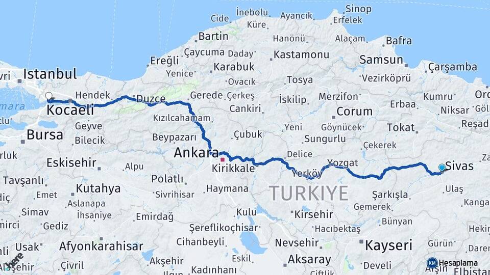 Sivas Dilovası Kocaeli Arası Kaç Km - Yol Haritası