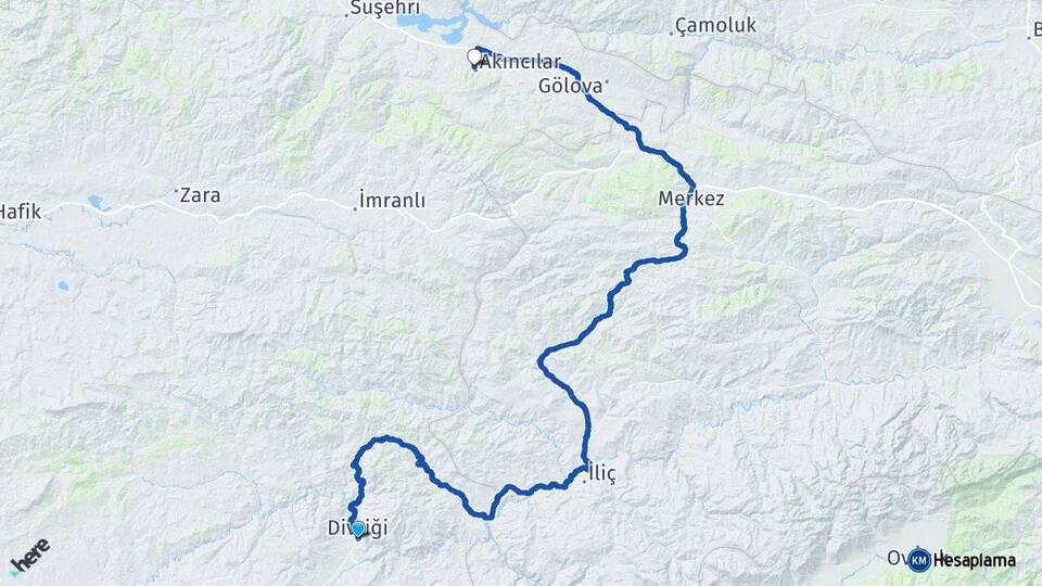 Sivas Divriği Akıncılar Arası Kaç Km - Yol Haritası