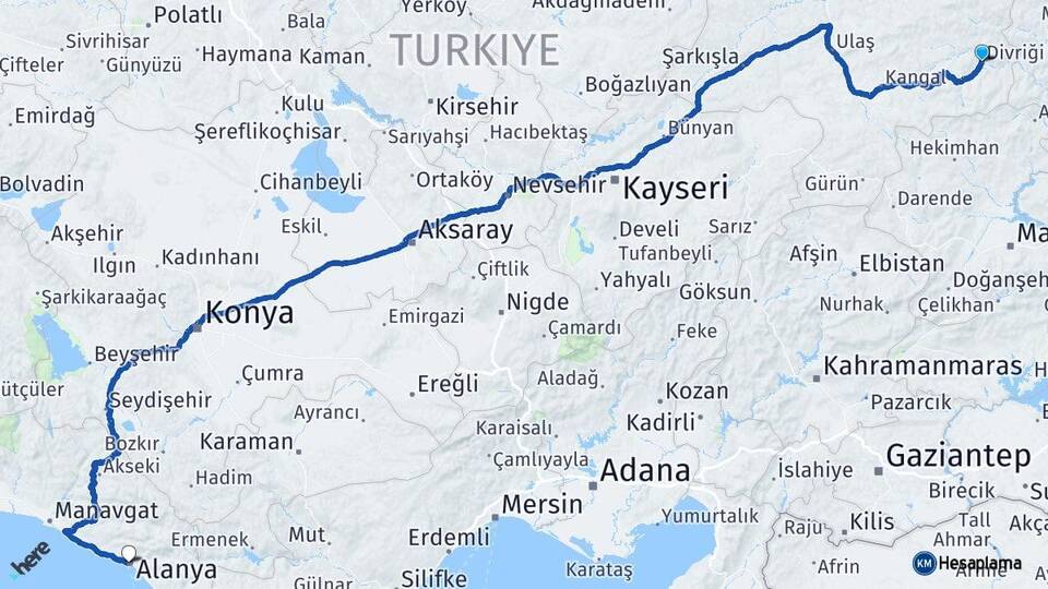 Sivas Divriği Alanya Antalya Arası Kaç Km - Yol Haritası