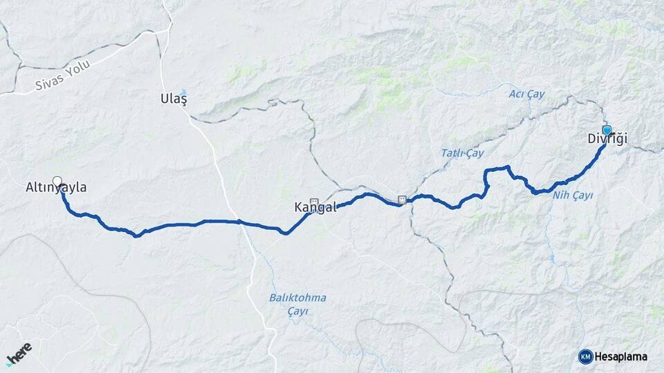 Sivas Divriği Altınyayla Arası Kaç Km - Yol Haritası