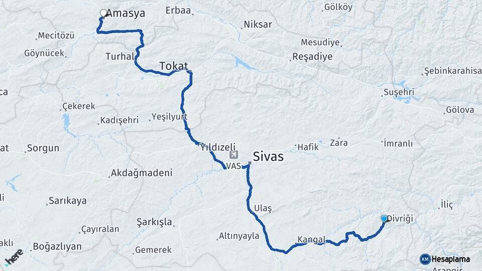 Sivas Divriği Amasya Arası Kaç Km - Yol Haritası