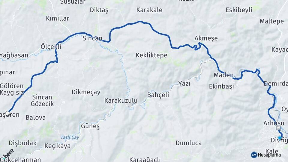 Sivas Divriği Başören Divriği Arası Kaç Km - Yol Haritası