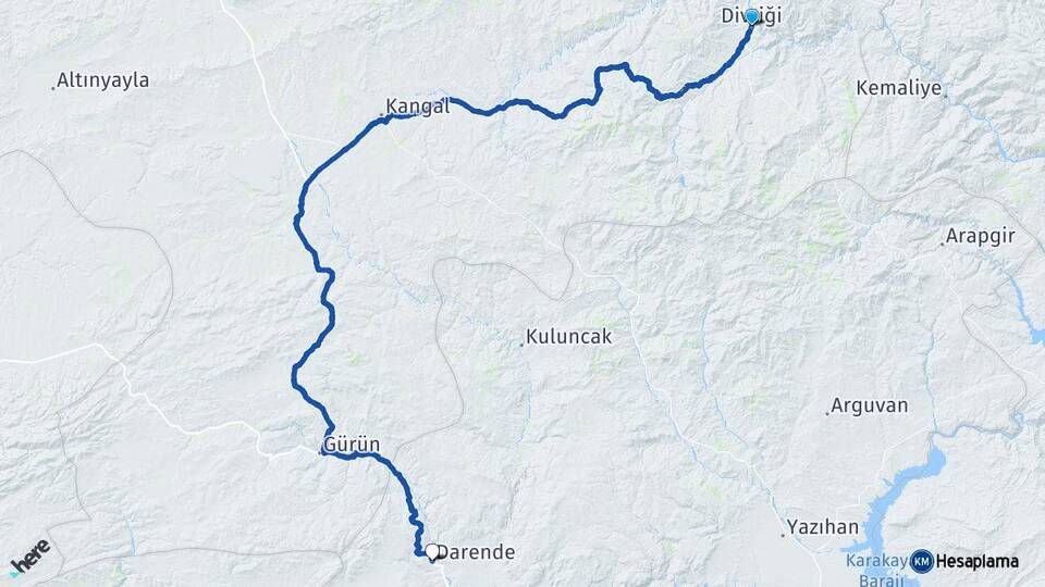 Sivas Divriği Darende Malatya Arası Kaç Km - Yol Haritası