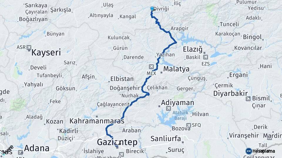 Sivas Divriği Gaziantep Arası Kaç Km - Yol Haritası