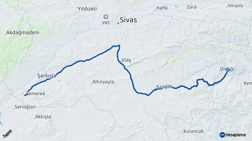 Sivas Divriği Gemerek Arası Kaç Km - Yol Haritası