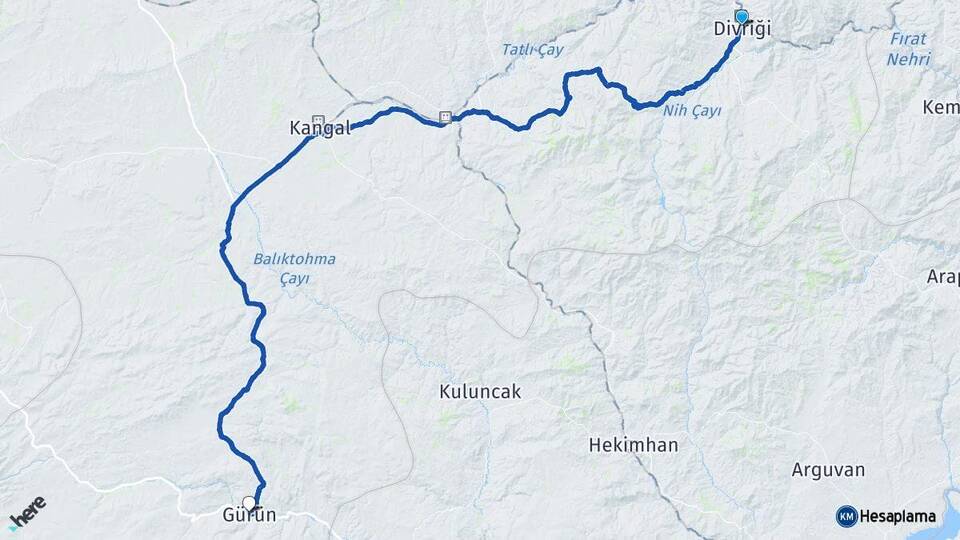 Sivas Divriği Gürün Arası Kaç Km - Yol Haritası