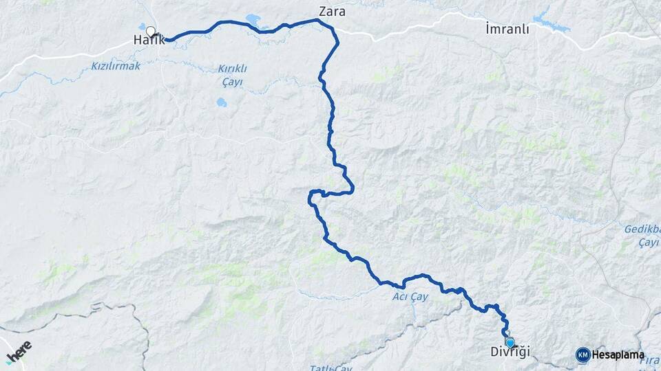 Sivas Divriği Hafik Arası Kaç Km - Yol Haritası