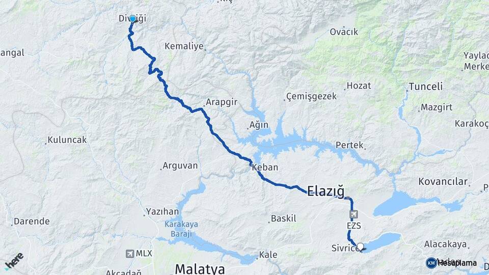 Sivas Divriği Hazar Sivrice Elazığ Arası Kaç Km - Yol Haritası