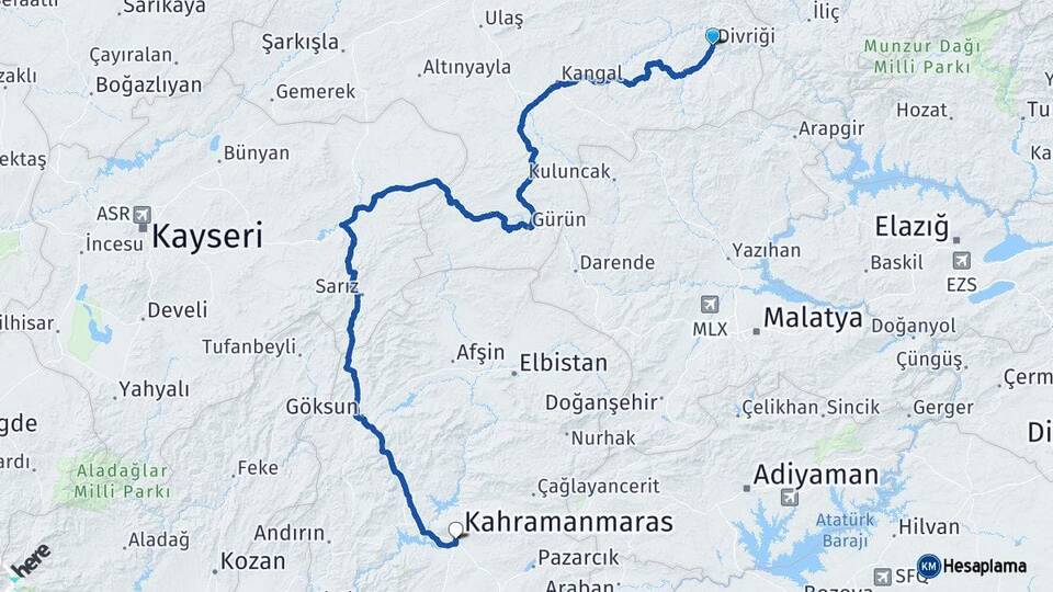 Sivas Divriği Kahramanmaraş Arası Kaç Km - Yol Haritası