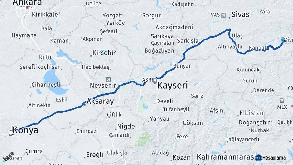 Sivas Divriği Konya Arası Kaç Km - Yol Haritası