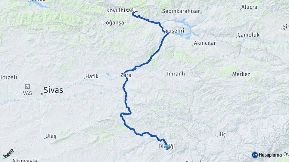 Sivas Divriği Koyulhisar Arası Kaç Km - Yol Haritası