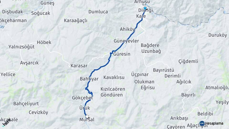 Sivas Divriği Mursal Divriği Arası Kaç Km - Yol Haritası