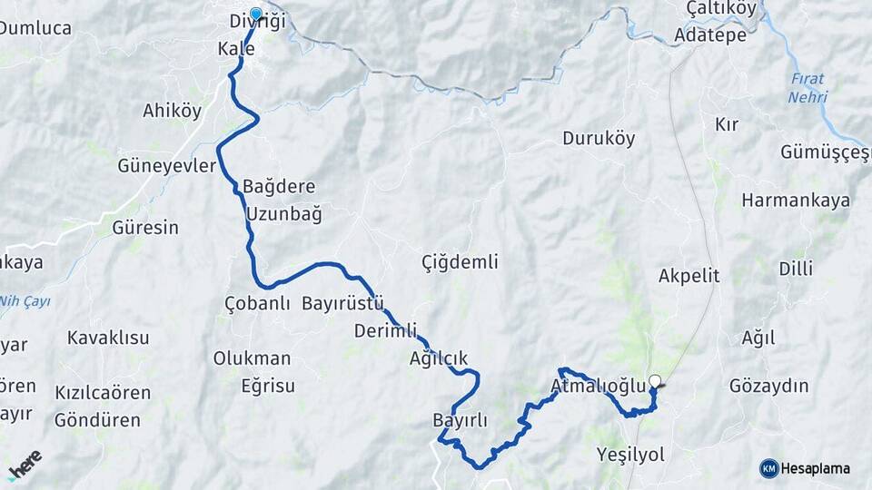 Sivas Divriği Ortaköy Divriği Arası Kaç Km - Yol Haritası