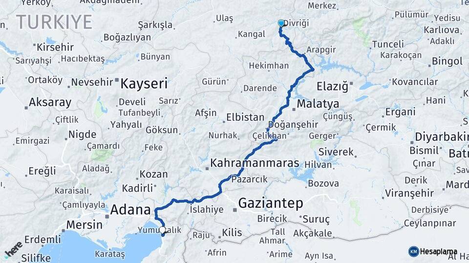 Sivas Divriği Payas Hatay Arası Kaç Km - Yol Haritası