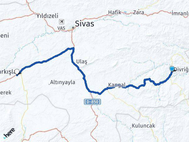 Sivas Divriği Şarkışla Arası Kaç Km - Yol Haritası