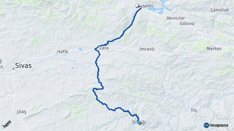 Sivas Divriği Suşehri Arası Kaç Km - Yol Haritası