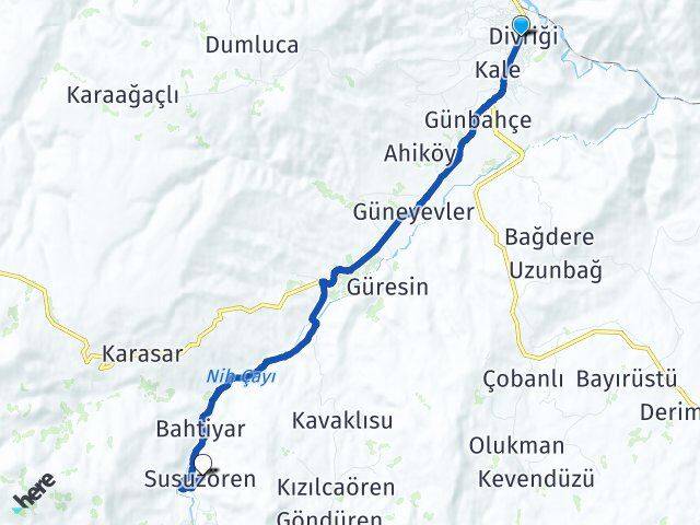 Sivas Divriği Susuzören Divriği Arası Kaç Km - Yol Haritası