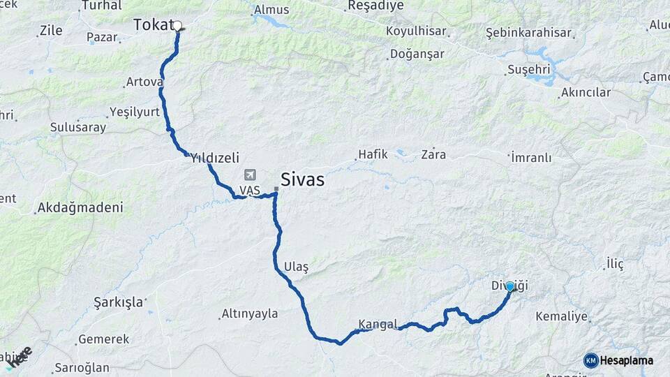 Sivas Divriği Tokat Arası Kaç Km - Yol Haritası