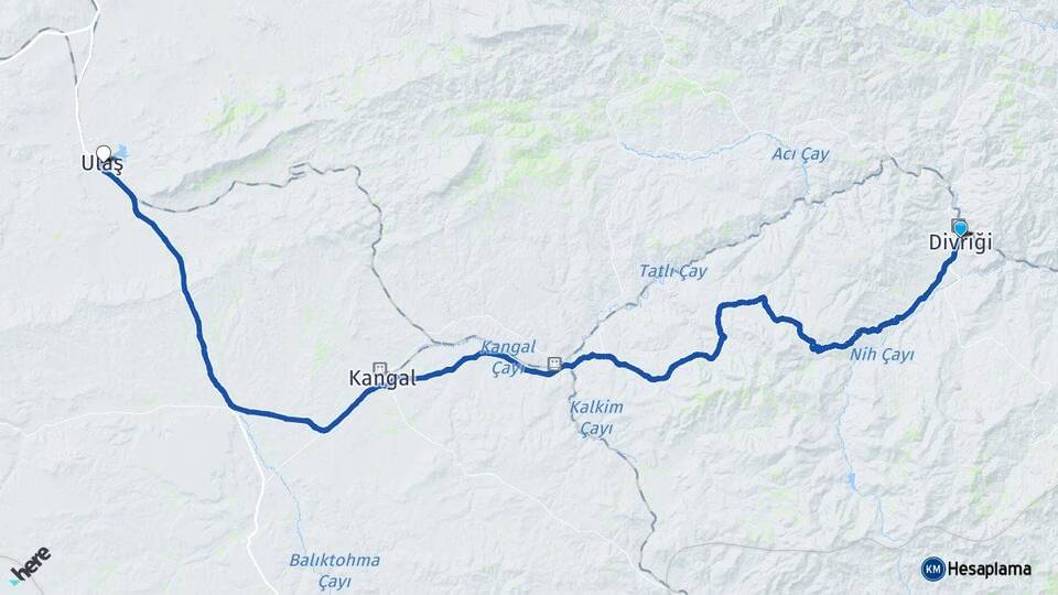 Sivas Divriği Ulaş Arası Kaç Km - Yol Haritası