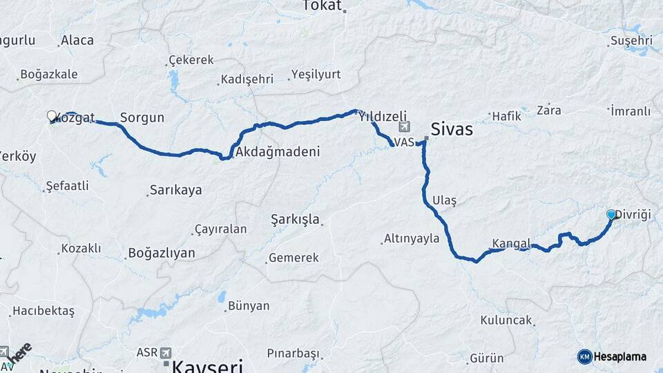 Sivas Divriği Yozgat Arası Kaç Km - Yol Haritası