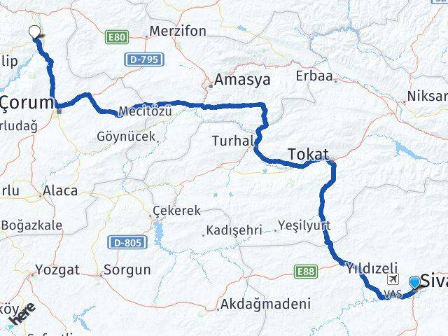 Sivas Dodurga Çorum Arası Kaç Km - Yol Haritası