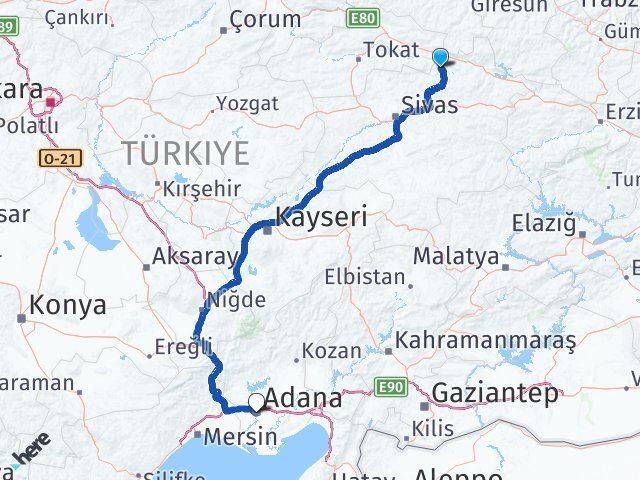 Sivas Doğanşar Adana Arası Kaç Km - Yol Haritası