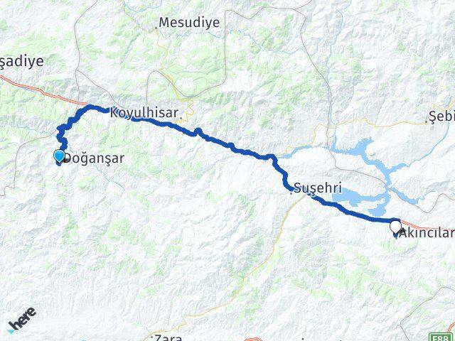 Sivas Doğanşar Akıncılar Arası Kaç Km - Yol Haritası