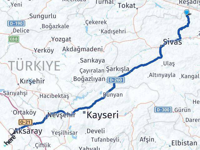 Sivas Doğanşar Aksaray Arası Kaç Km - Yol Haritası