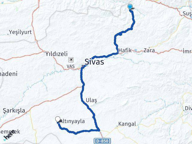 Sivas Doğanşar Altınyayla Arası Kaç Km - Yol Haritası