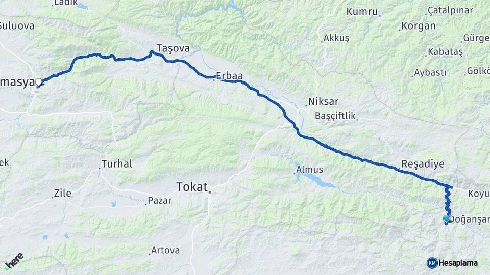 Sivas Doğanşar Amasya Arası Kaç Km - Yol Haritası