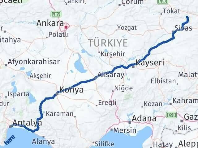 Sivas Doğanşar Antalya Arası Kaç Km - Yol Haritası