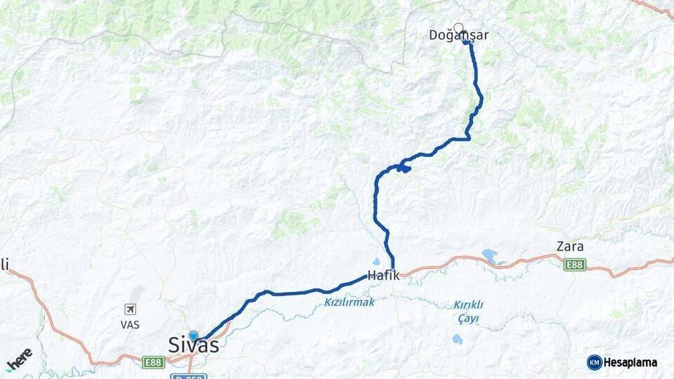 Sivas Doğanşar Arası Kaç Km - Yol Haritası