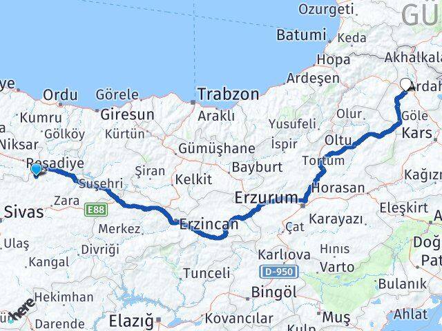 Sivas Doğanşar Ardahan Arası Kaç Km - Yol Haritası