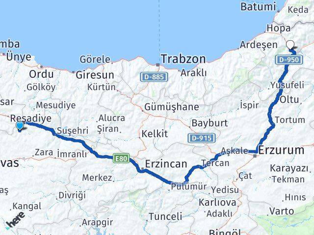 Sivas Doğanşar Artvin Arası Kaç Km - Yol Haritası